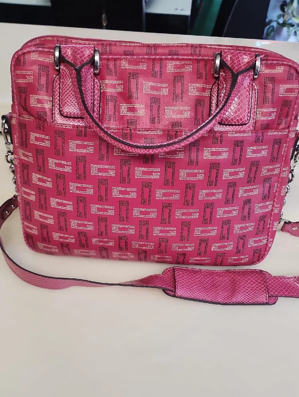 Guess Pink Logo-Print Satchel with Silver Hardware